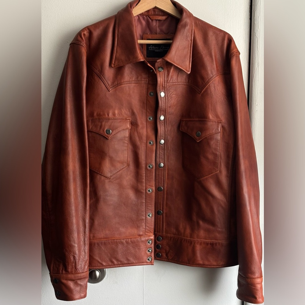 Men's Rust Leather Snap-Button Trucker Jacket